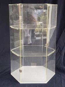 Vintage Hexagonal Display Showcase. 3 Tier Shelf Clear Lucite w Door Cabinet - Picture 1 of 14