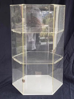 Vintage Hexagonal Display Showcase. 3 Tier Shelf Clear Lucite w Door Cabinet - Image 1 of 4