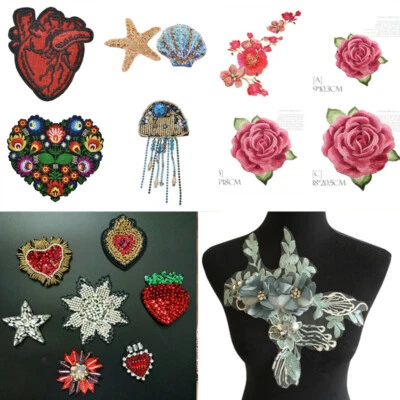 Flower Rhinestone Embroidered Clothing Patches Fabric DIY Dress Sewing Applique - Image 1 of 4