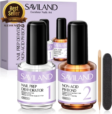 Saviland Nail Prep Dehydrate and Acid-Free Primer Fast Air Dry Long-Lasting Set