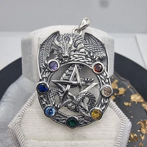 7 Stones Chakra Dragon Star Pentagram 925 Sterling Silver Tetragrammaton Pendant - Picture 1 of 2