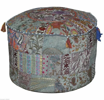Patchwork Round Foot Stool New Indian Cotton Vintage Ottoman Pouf Cover Handmade - Image 1 of 4