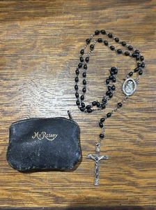 Vintage Sterling and Onyx Black Beads Rosary Necklace And Pouch - Picture 1 of 18