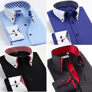 Camisa formal de lujo para hombre informal de doble cuello ajuste ajustado diseño italiano DC02 - Imagen 1 de 13