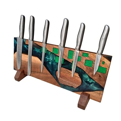 Magnetic knife holder of live edge walnut wood and metallic green epoxy resin - Image 1 of 4