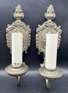 Pair Antique Cast Brass/Bronze (?) Floral Electric Wall Sconce Lights Reclaimed - Picture 1 of 13