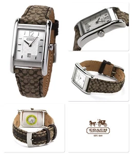 NEW COACH CARLISLE BEIGE/BROWN JACQUARD LEATHER BAND+SILVER DIAL WATCH 14501414 - Picture 1 of 2