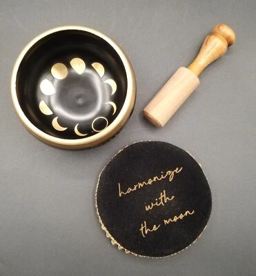 Goddess Provisions Lunar Phases Singing Bowl Moon Cycles Brass w/ Striker Pillow - Image 1 of 4