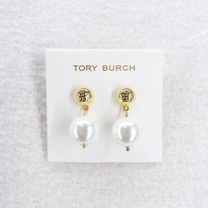 Pendientes colgantes de perlas de cristal Tory Burch marfil/oro conservador OS - Imagen 1 de 12
