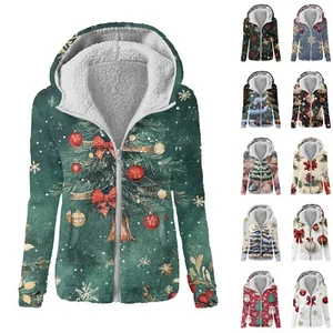 Women's Fashion Printing Sweatshirt Loose Hooded Plush Zip Up Jacket Top - Picture 1 of 45
