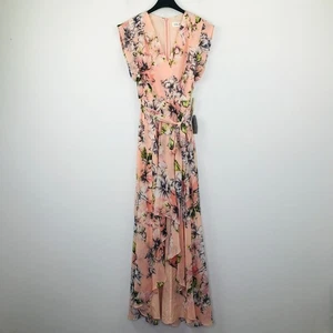 Eliza J Damen 6 Kleid rosa Blumen Rüschen hoch niedrig Maxi Gürtel Surplice neu mit Etikett Z5 - Bild 1 von 5