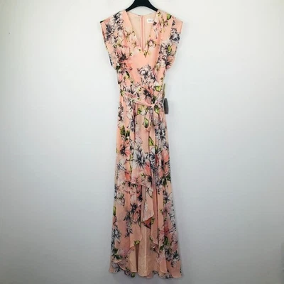 Vestido Eliza J Para Mujer 6 Rosa Floral Volantes Alto Bajo Maxi Cinturón Sobrepelliz Nuevo con Etiquetas Z5 Foto 1 de 4