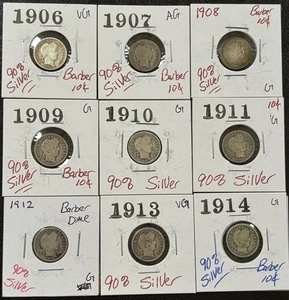 Lot of Nine (9) Barber Dimes 90% Silver 10c Circulated 1906-1914 (#778) - Picture 1 of 6