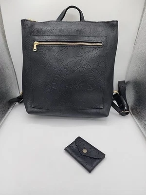 Portland Leather Goods Black Zippered Almost Perfect Tote Backpack Daisy Wallet - Image 1 of 4