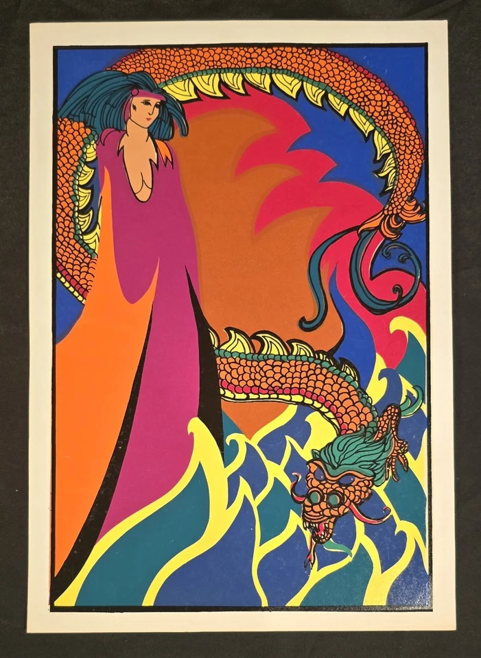 Vintage Psychedelic Pop Art Print – Woman & Dragon – 1960s–70s Style 13"x9" - Image 1 of 1