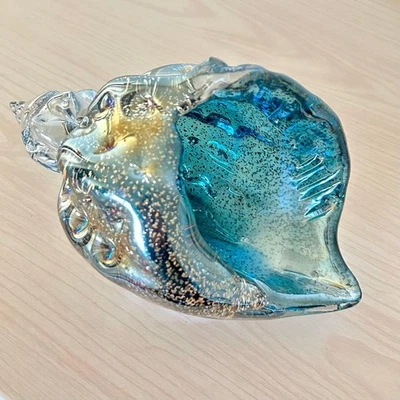 Glass Ornament Seashell Interior Flower Vase Sparkling Blue Transparency - Image 1 of 4