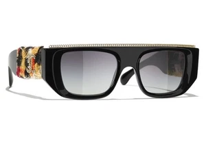 CHANEL Square Sunglasses Black Multicolor Acetate Tweed CC Gold Chain 71549A - Picture 1 of 11