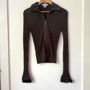 Y2K Cabi Brown Ribbed Zip Front Top Small Satin Trim Stretchy Minimalist Party - Picture 1 of 9