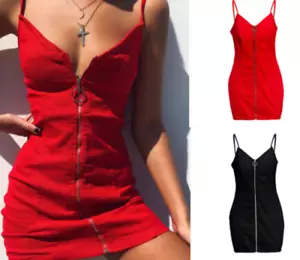 Sommer Sommerkleid Damen V-Ausschnitt Reißverschluss Bodycon Mini Cami Kleid Abend Party Rock - Bild 1 von 13