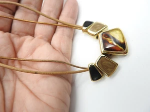 Signed KC Brown Black Yellow Enamel Gold Tone Slide Charm Chain Necklace Vintage - Picture 1 of 4