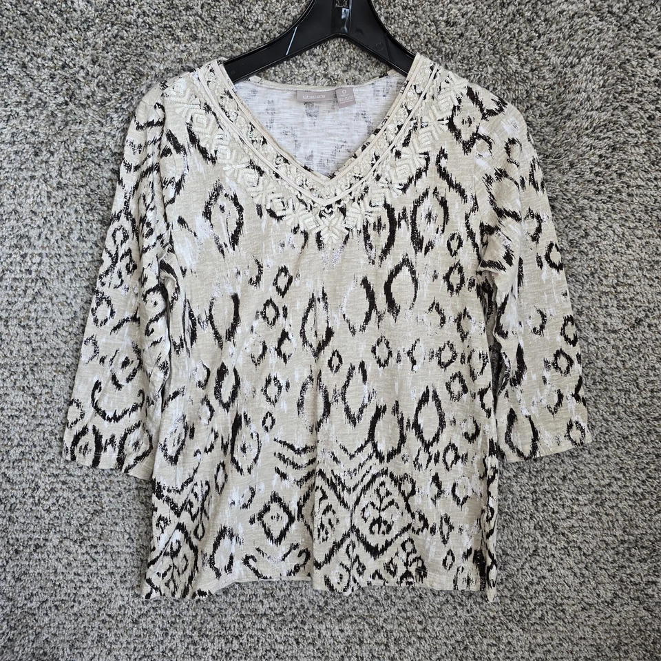 Chicos Топ женщин 0 США маленький бежевый богемное вышитый бисером v-образным вырезом футболка повседневный - Изображение 1 из 4