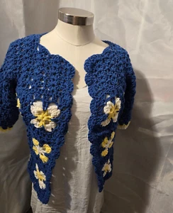 Floral Granny  Square Cardigan Open Front short sleeve Handmade Crocheted - Picture 1 of 6