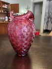 Vintage Fenton Cranberry Glass Vase with Ruffled Edge weave design