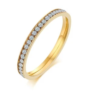 18K Gold AAA CZ Thin Band 2MM Women's Stainless Steel Wedding Tail Ring Size 5-8 - Picture 1 of 8