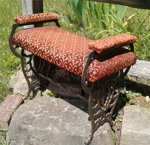 Antique Victorian Cast Iron Upholstered Fireside Bench w Arms 1900s Cover