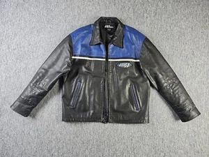 Vintage NO FEAR Leather Biker Jacket Men's L 90s Black Motorcycle Racing Bomber - Picture 1 of 12