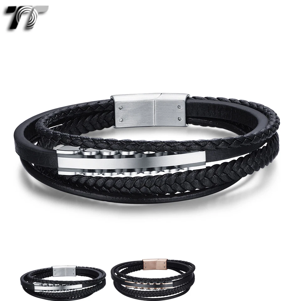Pulsera TT Cuero Negro 316L Acero Inoxidable ID Clip On (BR288) NUEVO Foto 1 de 1