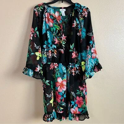 Tommy Bahama Talla S Floral Negro Volantes Transparente Túnica Vestido Cubrimiento de Cerdo Foto 1 de 4