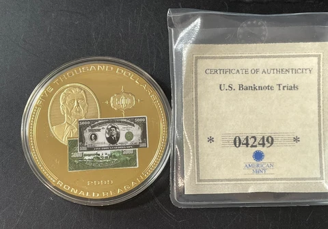 2009 American Mint US Banknote Trials $5000 Ronald Reagan Proof Coin Round COA Cover