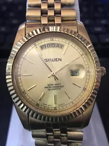 Orologio da uomo Gruen 36 mm Golden President Nuovo batteria, FUNZIONANTE (#1642) - Foto 1 di 11