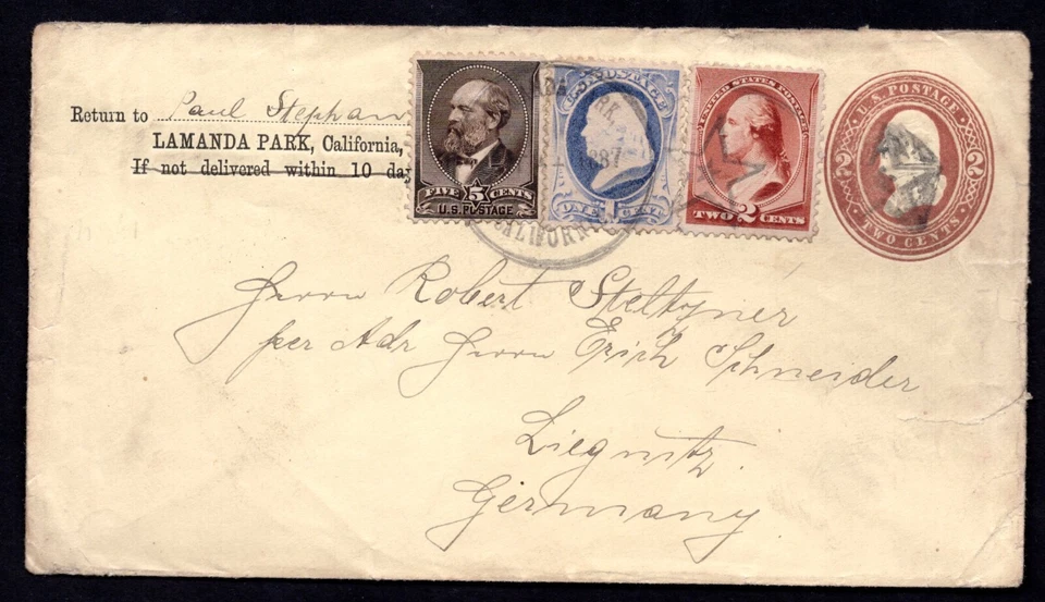 US 1887 TO GERMANY TRANSATLANTIC 4 COLOR FRANKING LAMANDA PARK CAL. FANCY CANCEL - Image 1 of 2