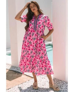 Azura Exchange Pink Floral Contrast Neckline A-line Puff Sleeve Long Dress Women - Picture 1 of 24