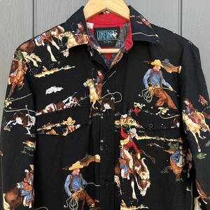 Vintage Lone Roo by Roper Men's Western Shirt Cowboy & Horses Rodeo Print Medium - Picture 1 of 9