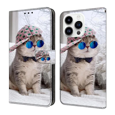 For Various Phone Cool Cat Magnetic Card Wallet Case Flip Stand Cover +Lanyard - Image 1 of 4