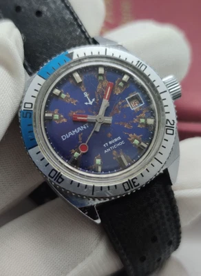 Vintage Skin Diver Watch Diamant Manual Wind French Made Blue Dial For Mens 70s - Image 1 of 4