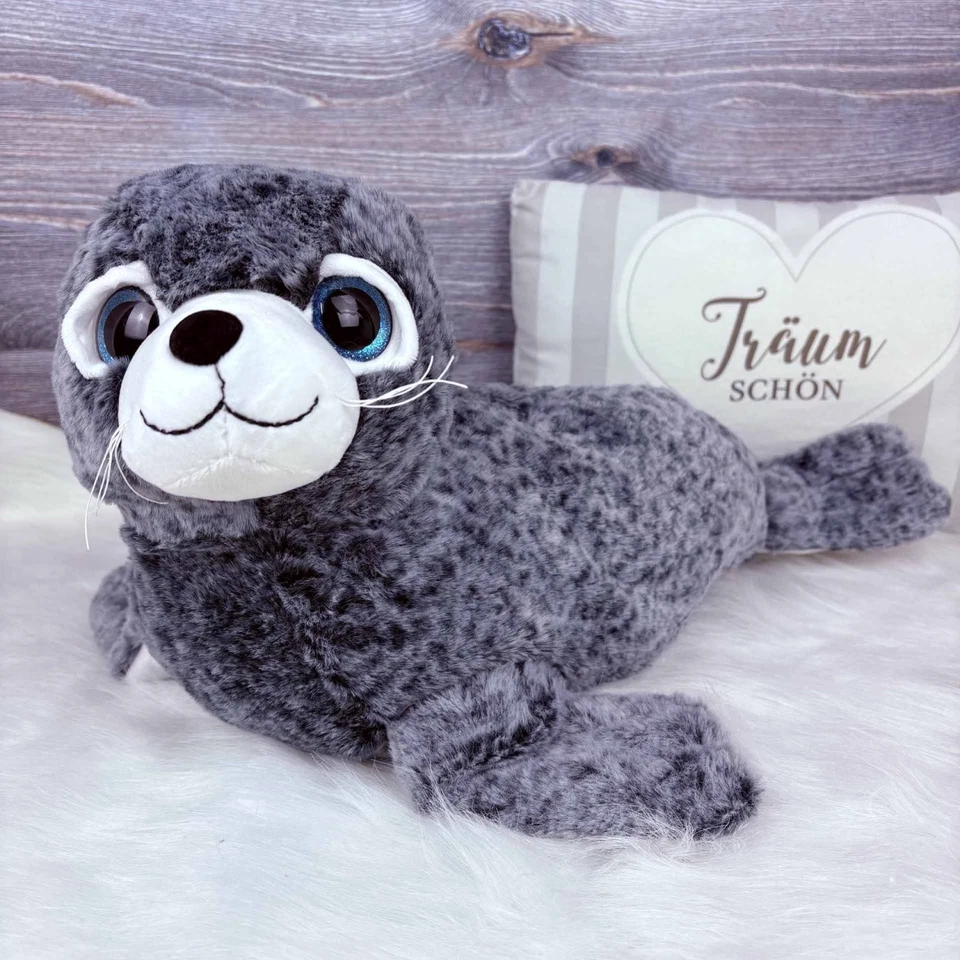 Plüsch Seehund dunkelgrau 50cm groß mit Glitzeraugen Kuscheltier Robbe maritim - Bild 1 von 1