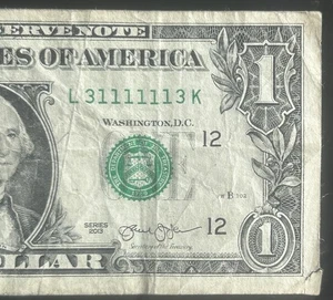 (SUPER RADAR!) $1 Rare Binary Radar 6 In A Row Fancy Serial Number L31111113K - Picture 1 of 4