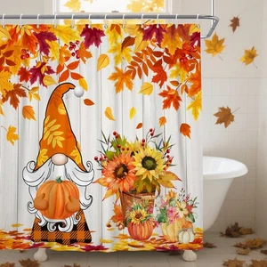 DASHAN Fall Shower Curtain Autumn Gnomes Maple Leaves Shower Curtains for Bat... - Picture 1 of 8