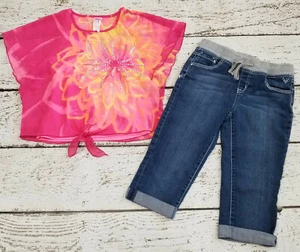 JUSTICE 14 Girls Pink Flower Gemstone Layered Shirt and Capri Shorts DC-TT20 - Picture 1 of 6