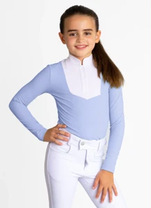 Maximilian Youth Girls Sienna Long Sleeve Horse Equestrian Show Shirt Blue 2XS - Picture 1 of 4