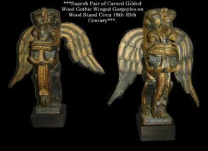 Antique Rare Pair Of Wood Carving Polychromed Winged Gothic Gargoyles Figurines. - Picture 1 of 11