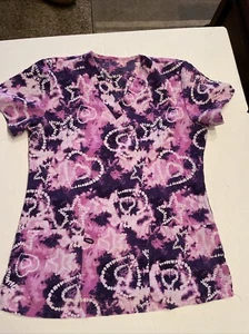 Women's V-neck Scrub Purple With Hearts Top Size S - Picture 1 of 3