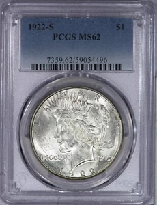 1922-S Peace Dollar $1 PCGS MS62 - Lustrous and Original! - Picture 1 of 4