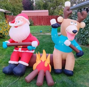 RARE Gemmy Vtge Inflatable Christmas Santa & Reindeer Camp Fire 6 ft Tall TESTED - Picture 1 of 22