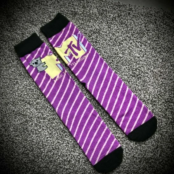 MTV KOALA SOCKS purple pink striped australia retro 80s 90s art logo ADULT CREW - Image 1 of 1