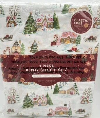 CUPCAKES AND CASHMERE Envogue Gingerbread Town House King Sheet Set Christmas Theme Pastel